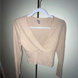 No Boundaries Cream Ribbed Wrap Cropped Blouse